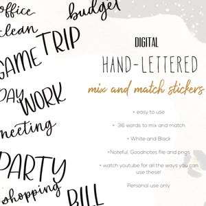 May include: Digital hand-lettered mix and match stickers with words like "office", "budget", and "trip" in black script. The image includes details about the stickers, such as 36 words to mix and match, and compatibility with Noteful and Goodnotes.