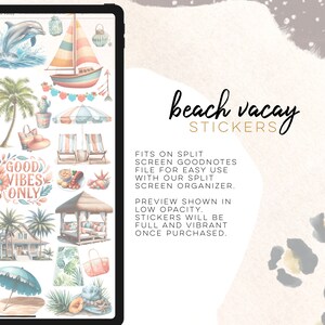 May include: A set of digital stickers featuring beach vacation themed illustrations. The stickers include palm trees, beach umbrellas, a sailboat, a beach house, a cactus, a beach chair, a beach bag, a hat, a lobster, and a sign that says "Good Vibes Only".