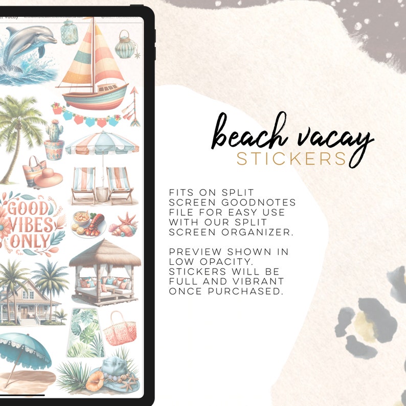 May include: A set of digital stickers featuring beach vacation themed illustrations. The stickers include palm trees, beach umbrellas, a sailboat, a beach house, a cactus, a beach chair, a beach bag, a hat, a lobster, and a sign that says "Good Vibes Only".