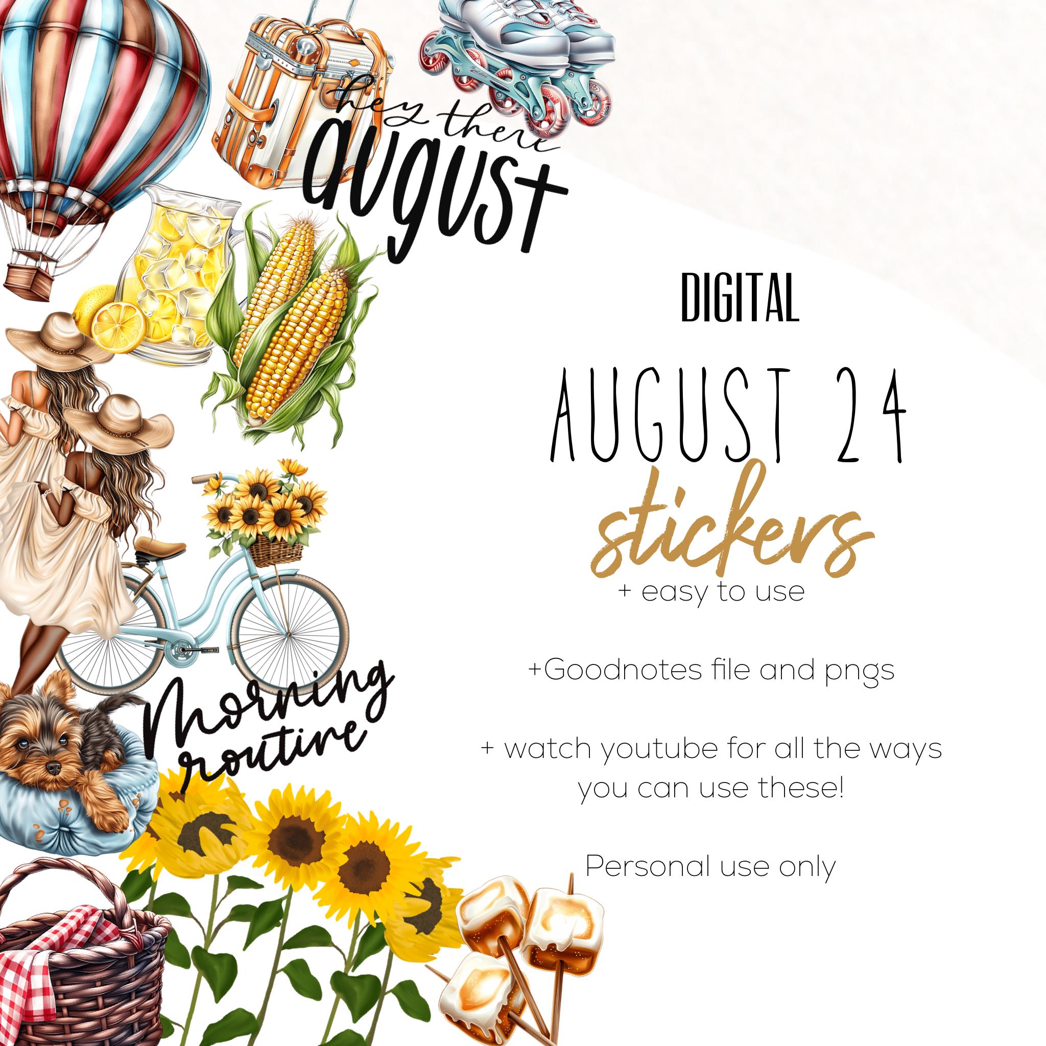 August 2024 digital stickers | summer goodnotes modern stickers, digital minimalist stickers