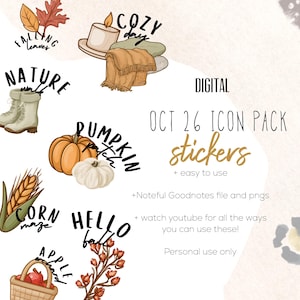 Peut inclure: Un pack d'icônes numériques avec des autocollants sur le thème de l'automne, incluant des feuilles, une bougie, une couverture, des bottes, des citrouilles, du maïs et un panier de pommes. Texte : "DIGITAL OCT 26 ICON PACK stickers + easy to use".