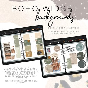 May include: Two digital planner examples with a boho theme. The first shows a bookshelf and a bag, while the second features a woman with a backpack. The text reads "BOHO WIDGET backgrounds" and "BOHO WIDGET in action!"