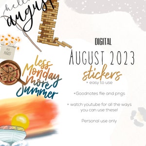August 2023 digital stickers | summer goodnotes modern stickers, digital minimalist stickers