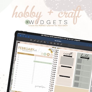 May include: A digital planner screen showing a February calendar with a weekly schedule, a craft project list, and a hobby wishlist. The planner is designed with a beige and brown color scheme and features a leopard print pattern.