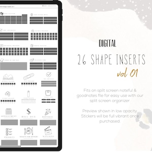 Könnte beinhalten: Digitale Planer-Einsätze, die auf einem Tablet angezeigt werden. Der Bildschirm zeigt verschiedene graue und weiße Formen zur Verfolgung von Zielen, einschließlich Checklisten, Trackern und Erinnerungen. Der Text auf dem Bildschirm lautet "26 Shape Inserts vol 01".
