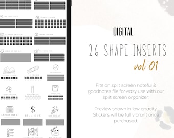 26 Insertos con formas Vol 01 Lista de verificación, Planificación de menús, Pegatinas para seguimiento de gastos / Pegatinas de widgets digitales personalizables modernos
