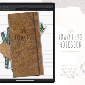 Pode incluir: Um planejador de caderno de viagem digital com uma capa de couro marrom e o texto "TRAVEL memories" na frente. O planejador é projetado para uso com Goodnotes, Notability, Zoom Notes e mais.