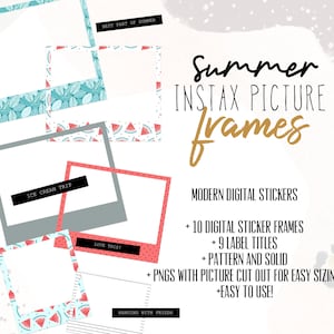 Puede incluir: Marcos de fotos digitales Instax con temática de verano, con varios patrones, incluyendo rodajas de sandía y hojas. La imagen incluye etiquetas de texto como "Ice Cream Trip" y "Love This!" para pegatinas digitales. Los marcos están diseñados para un fácil ajuste de tamaño.