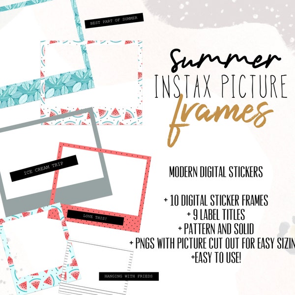 Digital Summer Instax Frames Stickers | Digital frames for digital planning | Striped and Solid Polaroid frame stickers