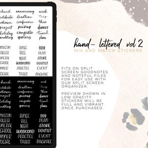 May include: A digital sticker set titled hand-lettered vol 2 mix and match stickers. The image displays a tablet screen showing various text labels in script and block fonts, including church, anniversary, week, trip, and dinner, presented in both black and white.