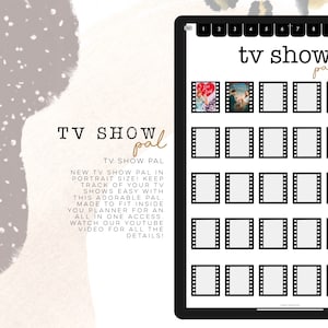 Puede incluir: Un planificador de seguimiento de programas de televisión imprimible con un diseño de tira de película en blanco y negro. El planificador tiene un título que dice "TV Show Pal" e instrucciones de uso.