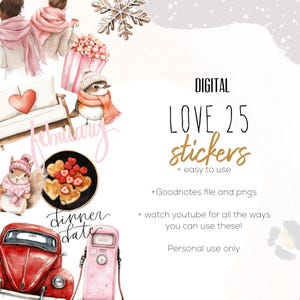 Könnte beinhalten: Ein Set mit 25 digitalen Stickern mit Illustrationen zum Thema Winterliebe und Romantik. Die Sticker beinhalten ein rotes Auto, eine rosafarbene Zapfsäule, ein Eichhörnchen mit einem rosa Hut, einen Vogel mit einem roten Schal, eine herzförmige Couch, einen Teller mit Keksen und den Text "Februar" und "Dinner Date".