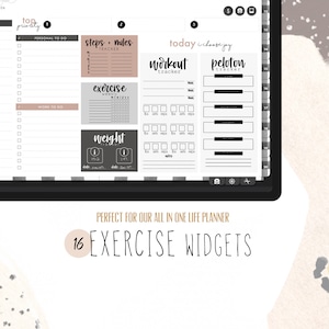 May include: A digital planner screen displaying 16 exercise widgets. The widgets are designed for tracking steps, miles, workouts, weight, and peloton rides. The text "PERFECT FOR OUR ALL IN ONE LIFE PLANNER" and "16 EXERCISE WIDGETS" are displayed at the bottom of the screen.