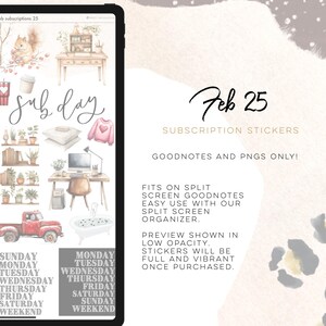 May include: Digital planner stickers featuring watercolor illustrations of a desk, plants, and a red truck. The image includes the text "Feb 25" and "Subscription Stickers". The stickers are designed for GoodNotes and PNGs.