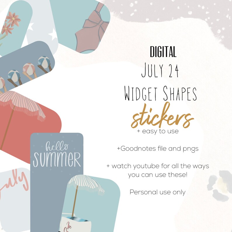 May include: Digital stickers for Goodnotes app with summer themes. The stickers include a beach umbrella, ice cream, beach balls, and the text "hello summer".