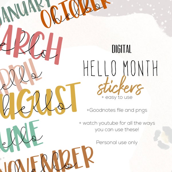 Hello Month Stickers  for digital planning | Colorful monthly stickers