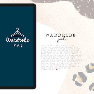 May include: A digital planner with a blue background and a white hanger icon. The text "Wardrobe PAL" is written in a cursive font. The text "WARDROBE pal." is written in a larger font. The text "LET ME TELL YOU ABOUT THIS INCREDIBLE WARDROBE PAL! IT'S LIKE HAVING A PERSONAL FASHION GURU ALWAYS ON HAND. I GET TO PERSONALIZE 11 CATEGORIES FOR MY TOPS, BOTTOMS, DRESSES, AND ACCESSORIES - SUPER CONVENIENT! PLANNING OUTFITS IS SO FUN, AND I CAN KEEP WISHLISTS, GATHER INSPIRATION, AND JOT DOWN NOTES. THE PICTURE GALLERY IS A COOL TOUCH, AND THE SPECIAL EVENTS OUTFIT PLANNING IS A TOTAL LIFESAVER. I'M HEAD OVER HEELS FOR THIS ULTIMATE STYLE COMPANION!❤" is written in a smaller font.