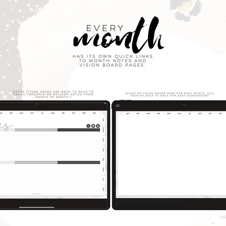 May include: Two black tablets displaying digital planner pages. The text "EVERY month" is at the top, with additional text describing quick links to notes and vision board pages. One tablet shows a detailed monthly view, the other a blank page.