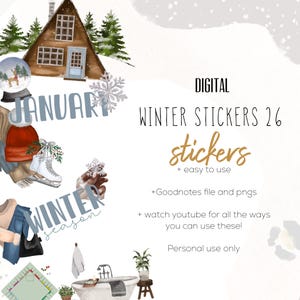 Puede incluir: Pegatinas digitales de invierno con ilustraciones de cabaña, patines de hielo y ropa de invierno. El texto incluye "Enero" y "Temporada de invierno". Las pegatinas son para uso digital.