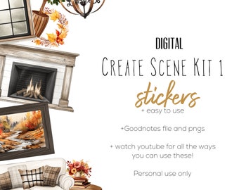 Create Scene digital Sticker Kit 1 , Digital planning, furniture stickers, farmhouse home stickers, fireplace stickers for digital planning,