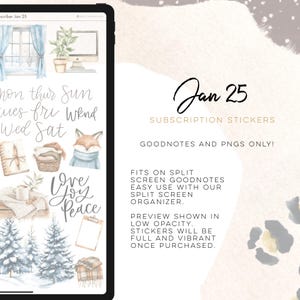 May include: Digital subscription stickers for GoodNotes and PNGs. The image shows a tablet with various watercolor illustrations, including a fox, trees, and text. The text on the tablet includes the days of the week and the words "Love, Joy, Peace."