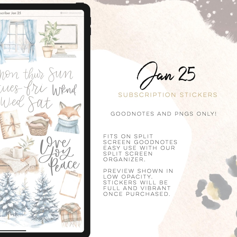 May include: Digital subscription stickers for GoodNotes and PNGs. The image shows a tablet with various watercolor illustrations, including a fox, trees, and text. The text on the tablet includes the days of the week and the words "Love, Joy, Peace."