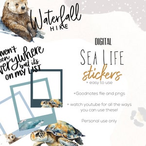 May include: Digital stickers featuring watercolor illustrations of sea life, including a sea turtle, a sea otter, and a whale. The stickers are designed for use in digital planners and notebooks. The text "SEA LIFE stickers" is written in gold lettering. The text "+ easy to use" is written in black lettering. The text "+ Goodnotes file and pngs" is written in black lettering. The text "+ watch youtube for all the ways you can use these!" is written in black lettering. The text "Personal use only" is written in black lettering.