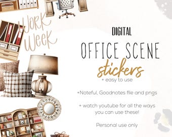 Office Scenes digital stickers | furniture stickers |  noteful and goodnotes modern stickers, digital work from home stickers