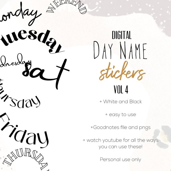 Day Name Digital Stickers, Digital planning, word stickers, basic planning stickers, stickers for digital planning, scrapbook