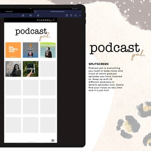 May include: A screenshot of a computer screen showing a website called "Podcast Pal". The website is a planner for podcasts, with a grid of podcast covers and a description of the website's features. The text on the screen reads "Podcast Pal" and "Split Screen".