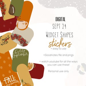 May include: A set of digital stickers in various shapes and colors with fall-themed designs. The stickers include a football, a coffee cup, a wreath of red berries, a pumpkin, a pot of soup, and text that says "hello september" and "fall is my favorite".