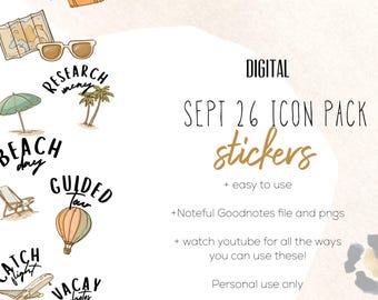 September 26 Icon Pack |  Digital Stickers, Digital planning, beach stickers, cute vacation stickers for digital planning,