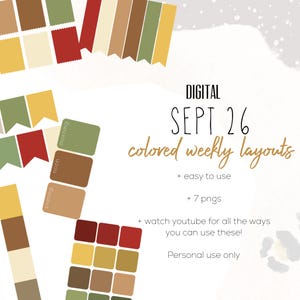 May include: Digital planner stickers in autumn colors including red, yellow, brown, and green. The image features various shapes like flags, squares, and strips, with text reading DIGITAL SEPT 26 colored weekly layouts, easy to use, 7 pngs.
