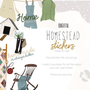 Puede incluir: Pegatinas digitales para Goodnotes con tem&aacute;tica de granja. Las pegatinas incluyen una casa, un mono de trabajo, botas, una mecedora, una colcha y el texto "Home Maker" y "Homemade is always better."