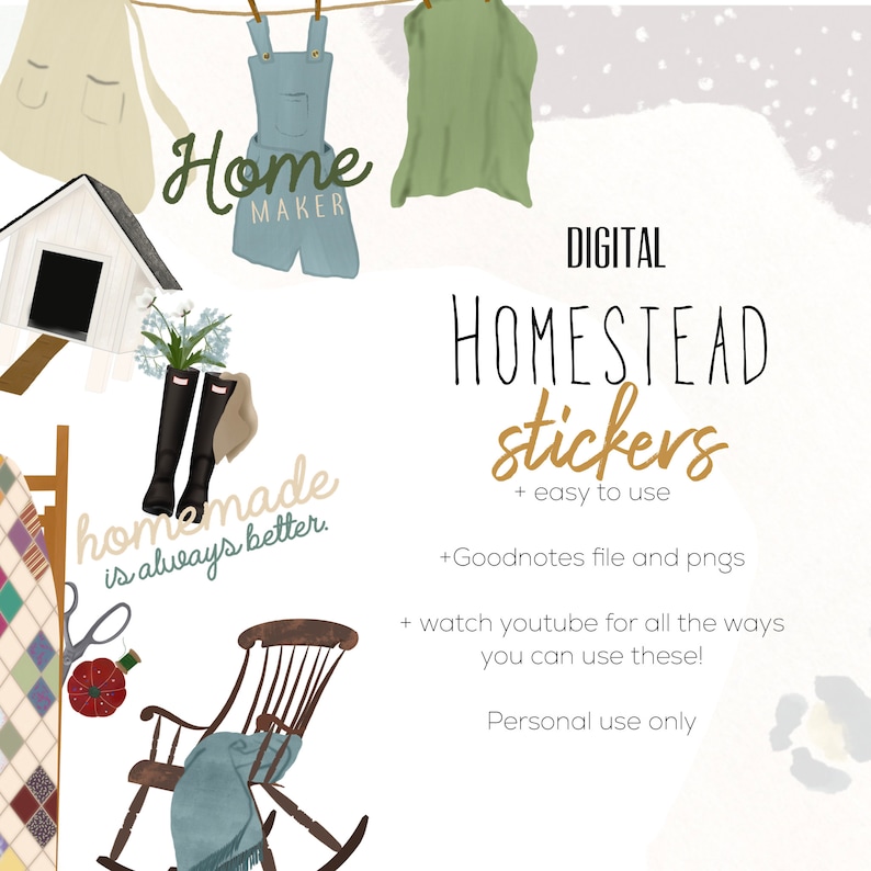Puede incluir: Pegatinas digitales para Goodnotes con tem&aacute;tica de granja. Las pegatinas incluyen una casa, un mono de trabajo, botas, una mecedora, una colcha y el texto "Home Maker" y "Homemade is always better."