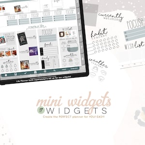 May include: A digital planner with 17 mini widgets for creating a personalized planner. The widgets include a habit tracker, a wish list, a food tracker, a weather tracker, and a daily expenses tracker. The widgets are designed in a minimalist style with gray and white colors.
