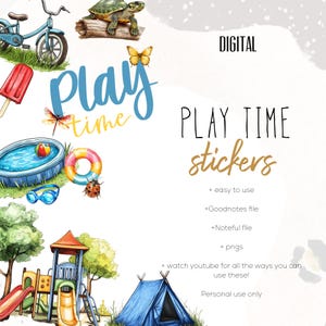 May include: Watercolor digital stickers with a playful theme. The image includes a blue bicycle, a turtle on a log, a butterfly, a dragonfly, a popsicle, a pool, a life ring, a ladybug, and playground equipment. Text reads "Play Time Stickers".