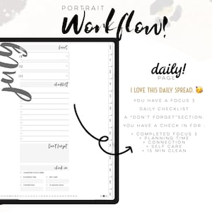 Puede incluir: Una p&aacute;gina de planificador diario digital titulada Portrait Workflow y July, que incluye una secci&oacute;n Focus 3, una lista de verificaci&oacute;n, una secci&oacute;n Don't Forget y un &aacute;rea de registro para tareas como planificaci&oacute;n, conexi&oacute;n, cuidado y limpieza.