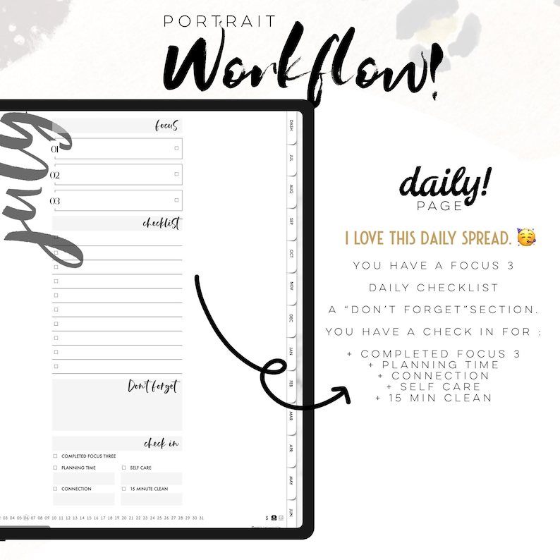 Puede incluir: Una p&aacute;gina de planificador diario digital titulada Portrait Workflow y July, que incluye una secci&oacute;n Focus 3, una lista de verificaci&oacute;n, una secci&oacute;n Don't Forget y un &aacute;rea de registro para tareas como planificaci&oacute;n, conexi&oacute;n, cuidado y limpieza.