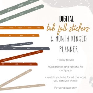 May include: Digital tab fall stickers for a 6-month ringed planner. The image shows various colored tabs with text such as "Track", "Health", and months like "Aug" and "Jul". The text "Digital tab fall stickers" is in a decorative font.