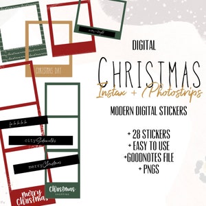 Puede incluir: Marcos de cabina de fotos digitales de Navidad en un esquema de color verde y rojo. Los marcos están diseñados para Instax y photostrips. El texto "DIGITAL CHRISTMAS Instax + Photostrips MODERN DIGITAL STICKERS + 28 STICKERS + EASY TO USE + GOODNOTES FILE + PNGS" es visible en la imagen.