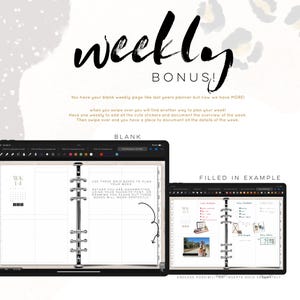 May include: Digital planner with the text "weekly BONUS!" on a light background. The image shows a blank weekly planner page and a filled-in example. The planner includes grid boxes for planning and documenting the week.