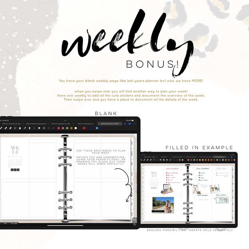 May include: Digital planner with the text "weekly BONUS!" on a light background. The image shows a blank weekly planner page and a filled-in example. The planner includes grid boxes for planning and documenting the week.