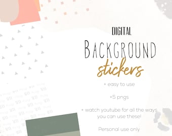 May include: Digital background stickers for use in digital planners or other digital projects. The image shows a set of five digital stickers with a green, brown, and white color scheme. The text on the image reads "DIGITAL BACKGROUND STICKERS + easy to use + 5 pngs + watch youtube for all the ways you can use these! Personal use only."