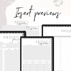 May include: A digital planner template with the text "Project Inspiration" on the cover. The planner includes sections for project planning, inspiration, and project overview.