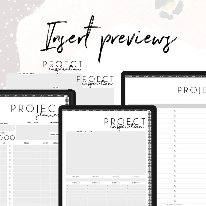 May include: A digital planner template with the text "Project Inspiration" on the cover. The planner includes sections for project planning, inspiration, and project overview.