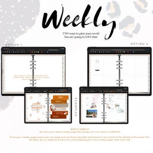 May include: Digital planner with two layout options, Option 1 and Option 2, displayed on tablets. The image includes examples of weekly pages with grid boxes and text that reads "Weekly" and "TWO ways to plan your week! You are going to LOVE this!"
