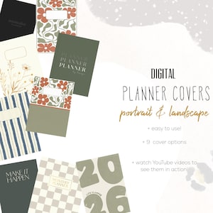 May include: A collection of digital planner covers in various designs. The covers feature floral patterns, stripes, and solid colors. Text on the covers includes "minimalist", "Make it Happen", and "Monthly Planner". The image also includes the text "DIGITAL PLANNER COVERS portrait & landscape".
