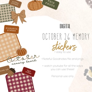May include: Digital October 26 memory stickers featuring fall-themed graphics including pumpkins, acorns, bows, and gingham patterns in brown, orange, and maroon. Text includes "coffee please," "pumpkin please," "fall vibes," and "October memory board."