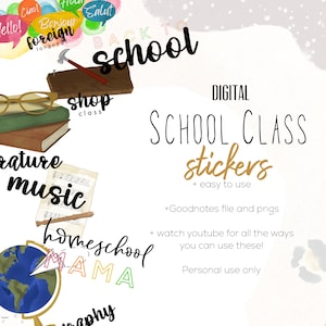May include: Digital school class stickers with a colorful back to school theme. The stickers include subjects like music, nature, shop class, and homeschool. The stickers are easy to use and come with a Goodnotes file and pngs. Personal use only.